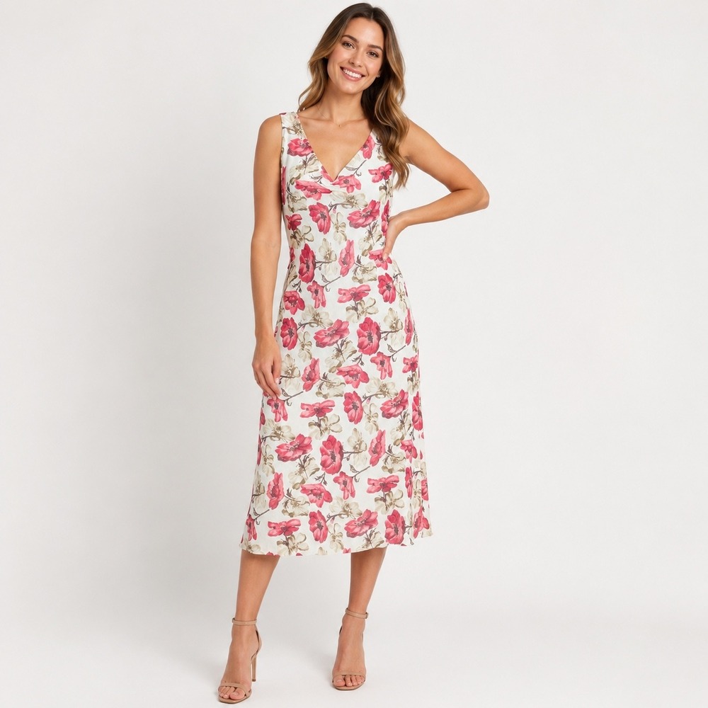 Jonathan Martin Pink Floral V-Neck Midi Dress Y2K Sleeveless Poppy Print Size 13